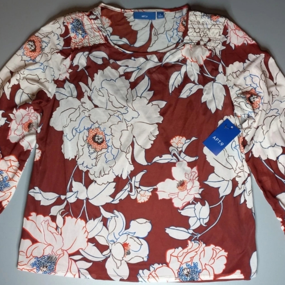 Apt 9 Womens Red Brown Floral long sleeve blouse size L / New With Tags